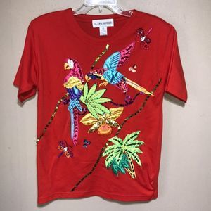 Vintage 90s red embroidered & embellished parrot tropical top size medium beads